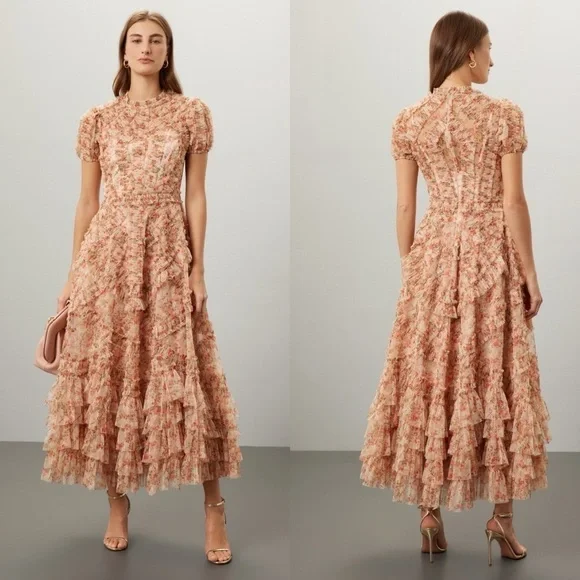 ❌SOLD❌Mac Duggal High Neck Floral Mesh Ruffle Maxi Dress – Pink/Cream – Size 8 - Picture 13 of 17